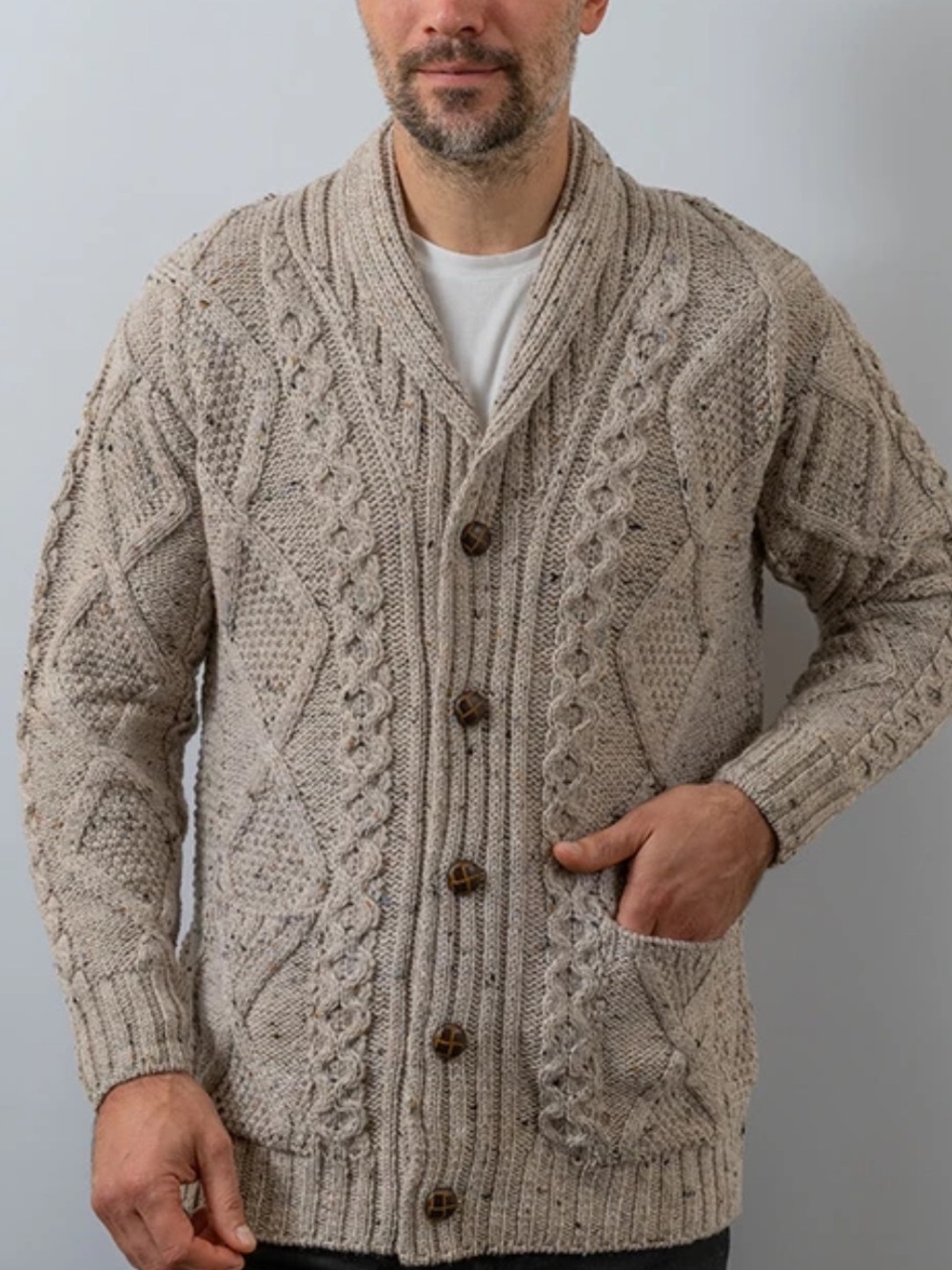 Aran Crafts Shawl ‎Neck Diamo‎nd Cardigan Beige Flecked Button Merino Ireland-M